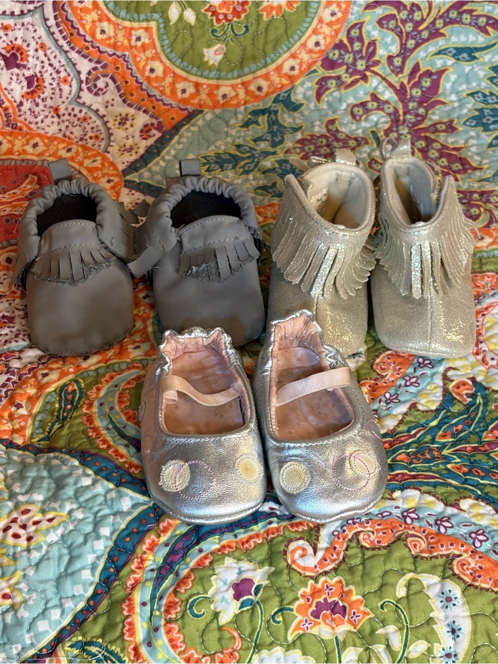 Metallic Ballet Flats (unknown) Fringe Booties (rising star) lot of three pairs
